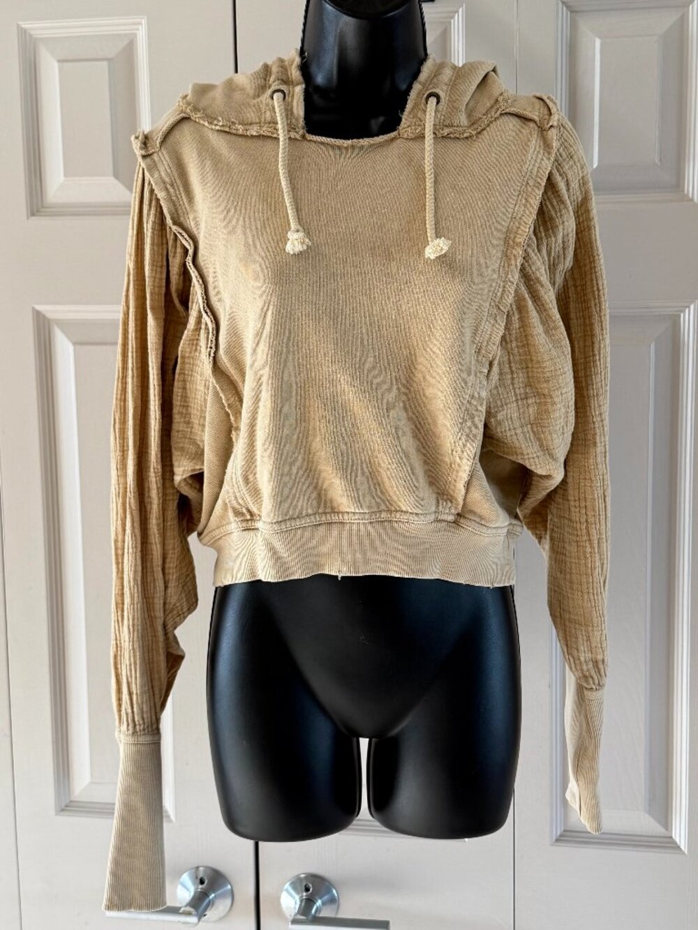 Free People We The Free Tan Gauze Mixed Media Boho Cropped Hoodie Sweatshirt S